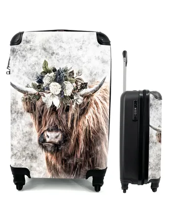 Produktbild von MuchoWow® Koffer Handgepäck Trolley Rollkoffer Kleine Reisekoffer mit 4 Rollen - Schottischer Highlander - Marmor - Blumen - Cabin Size < 55x40x23 cm & 55x40x20 cm - Fotokoffer - Kabinenkoffer - Boardgepäck - Reise-Box - Reisekoffer - Reisegepäck - Koffer mit Bild - Trolley für Kinder