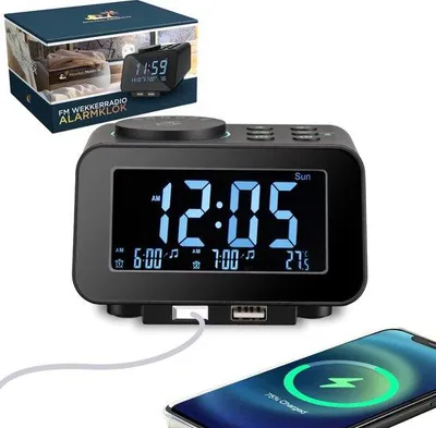 Zdjęcie produktu dla Homebay Produkty: Radiobudzik. Radio FM, czarny kolor, 2 alarmy, wyświetlacz LCD, funkcja regulacji jasności
