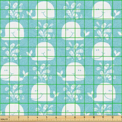 Produktbild von ABAKUHAUS Blau und weiß Gewebe als Meterware, Gekritzel-Muster mit Wellen und lustiger Wal-Ozean-Leben-Illustration, 2 M (148 x 200 cm), Hellblau und Weiß