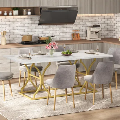 Image de OKWISH Table à Manger - Table 8–10 Personnes avec Plateau Effet Marbre et Pieds Métal Doré, Résistante à l'Eau et Rayures, 200x80x76 cm, Blanc