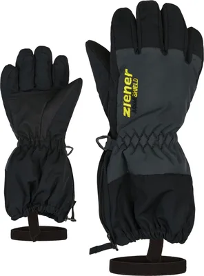 Two black ski gloves are displayed against a white background. One glove is shown from the palm side, and the other from the back side, with some branding visible.