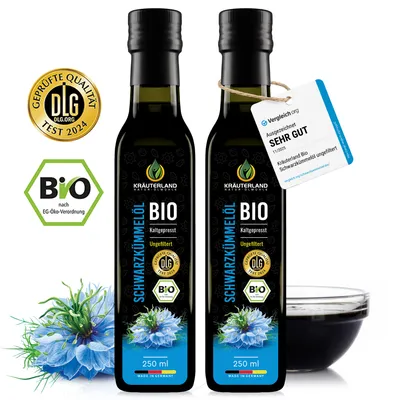 Produktbild von Kräuterland Premium Schwarzkümmelöl, 2x 250ml ungefiltert, kaltgepresst, Europas größte Ölmühle im Online-Handel, 22 Jahre Erfahrung, mühlenfrisch