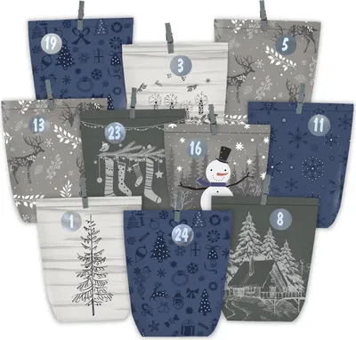Produktbild von Adventskalender zum Befüllen - 24 Weihnachtskalender Papiertüten mit Aufklebern - DIY Geschenktüten - Blau Grau Grün