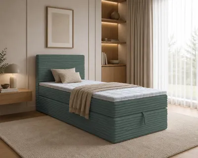 Produktbild von Boxspringbett NESO MINI, Bett mit Cordstoffbezug Einzelbett mit Bonellfederkernmatratze, Bettkasten (90x200, Dunkelgrün - Tilia 39, ohne topper)