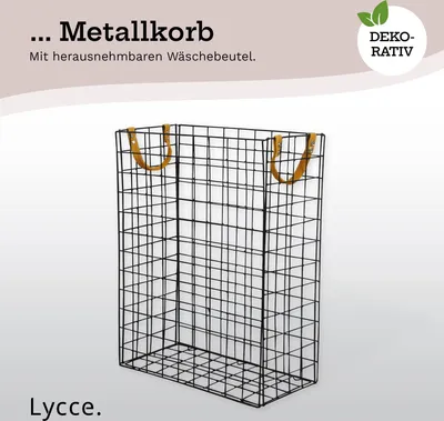Produktbild von Lycce Nischen-Wäschekorb 58L aus Metall geflochten, zusammenklappbar Dekokorb schwarz