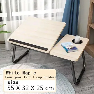 Zdjęcie produktu dla Stolik składany do laptopa, idealny do łóżka i sofy - Przenośny stolik na laptopa / taca do łóżka - Blat drewniany, rama metalowa - Prostokątny - 2,5 kg - Biały