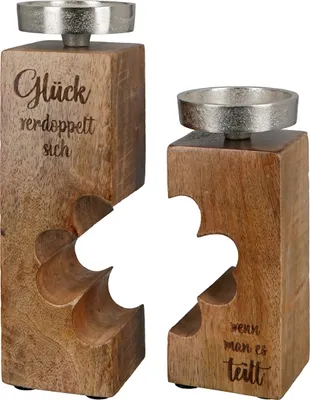 Produktbild von GILDE Kerzenleuchter, "Glück", Kleeblattmotiv, Spruch, Mangoholz, naturfarben, , L. 7 cm, B. 13,5 cm, H. 23 cm 50397