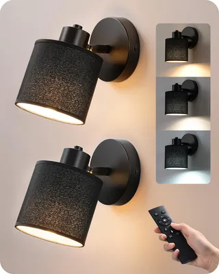 Produktbild von EDISHINE 2er Set Wandleuchte Innen, 350°/90° schwenkbar, LED Wandlampe Schwarz  Dimmbar mit Fernbedienung