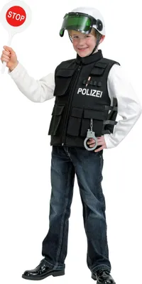 Polizei Kostüm Polizeiweste und Helm mit Stop-Kelle in der rechten Hand von Vorne