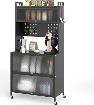 Produktbild von KOMFOTTEU Küchenschrank mit 5/6 Ebenen, Sideboard mit 4 Haken & 10 Dübeln, Buffetschrank mit Arbeitsplatte & Schränken, Küchenbuffet mit 4 Universalrollen (80 x 40 x 160 cm, Grau)