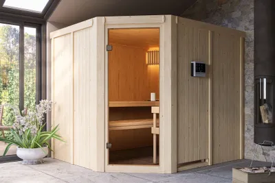 Produktbild von Karibu Sauna Innensauna Horna Eckeinstieg Ofen 9 kW integr. Strg  231x196x198 cm ohne Dachkranz