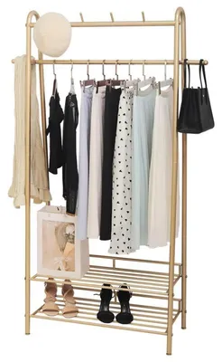 Image de Porte-vêtements avec 4 crochets et 2 étagères à chaussures, en métal, couleur or, dimensions : 80 x 36 x 170 cm