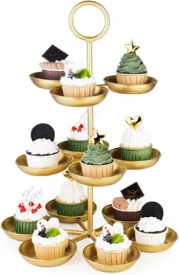 Image de Service à trois étages, métal, doré, 3 niveaux, rond, cupcakes, biscuits, fruits, muffins
