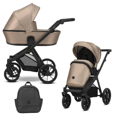 Immagine prodotto di Passeggino Kunert BRAV 2in1, ecologico, in pelle marrone con struttura nera e ruote gialle, per comfort e stile