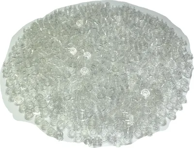 A pile of small, transparent, round LEGO plates.