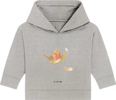 Produktbild von Mr. & Mrs. Panda Organic Baby Hoodie Rotkehlchen Federn 24. - 36. Monat - Heather Grey - Geschenk, Vogel, Kapuzenshirt, fliegen, Kapuzensweatshirt, Lustige Sprüche