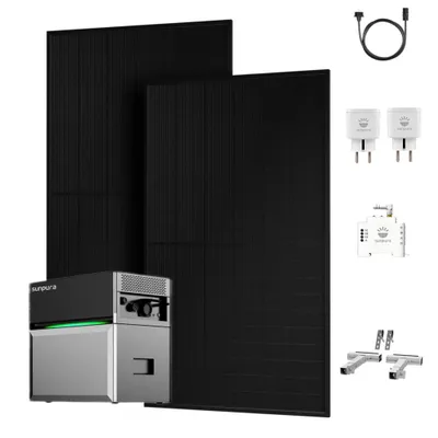 Produktbild von Balkonkraftwerk mit Speicher, Sunpura S2400 Speicher mit 2x 500W Solarpanel & Smarter Zähler & 2x Plug, 2x Balkon-Halterung Silber (0% MwSt)