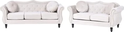 Produktbild von BELIANI 5-Sitzer Sofa Set Hellbeige Samt Gepolstert Gesteppt mit Kissen Holzbeinen Knopfheftung Retro Chesterfield Stil Freistellbar Sitzgruppe