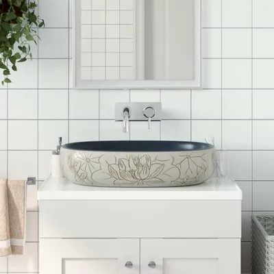 Produktbild von Möbel Aufsatzwaschbecken Sandfarben Blau Oval 59x40x14 cm Keramik - Aufsatzwaschbecken 155099