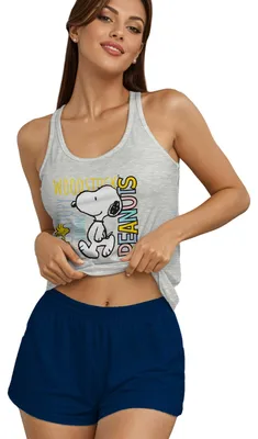 Produktbild von The Peanuts Snoopy Schlafanzug für Damen - Pyjama Set ohne Ärmel Tanktop Oberteil mit Shorts Grau/Blau XL