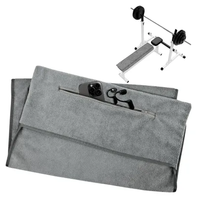 Produktbild von Fitnesshandtuch mit Reißverschlusstasche, 120 x 50 cm, Mikrofaser, schnelltrocknend, saugfähig, dunkelgrau, für Yoga und Freizeit