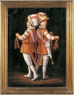 Produktbild von Casa Padrino Luxus Barock Ölgemälde Zwillinge Rot / Mehrfarbig / Gold 64 x H. 82 cm - Handgemaltes Gemälde im Barockstil - Barock Wand Deko