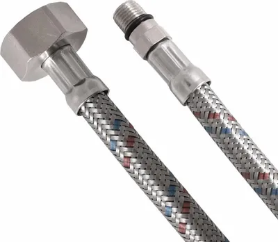 Two flexible hoses with metal braiding and connectors.