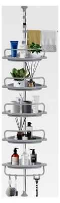 Produktbild von Badezimmerregal, Teleskopregal, Duschregal, höhenverstellbar 100 – 320 cm, Edelstahl, ohne Bohren, 5 Ablagen, 4 Haken, 1 Handtuchhalter, Grau