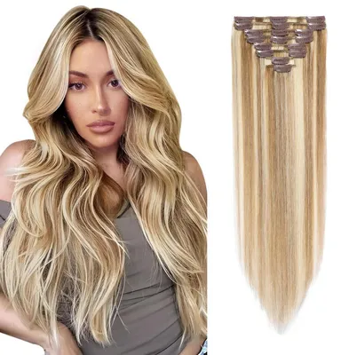 Immagine prodotto di Clip-in per extension di capelli naturali, set da 8 pezzi, color castano dorato e biondo chiarito, lunghezza 35 cm, tecnica balayage