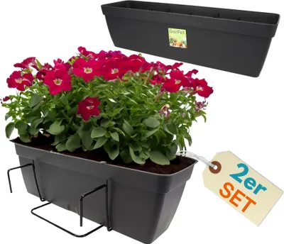 Produktbild von 2er Set Blumenkasten Balkongeländer Balkon Blumenkasten Balkonkasten mit Halterung Balkonkasten Geländerkästen Balkonkasten mit Wasserspeicher 60 cm