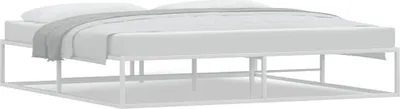 A white metal bed frame with a mattress and a grey blanket.
