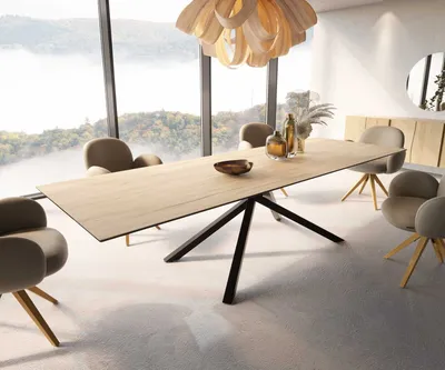 Produktbild von DELIFE Esstisch Edge 300x100 Keramik Laminam® Sabbia Eichefarbig Kreuzgestell Rechteck Schwarz