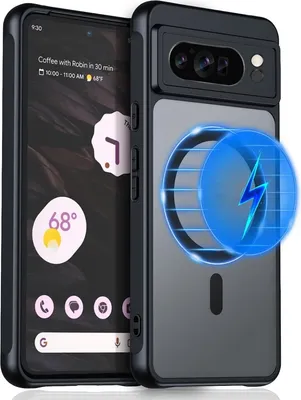 A phone case with a magnetic charging indicator is shown next to a phone.
