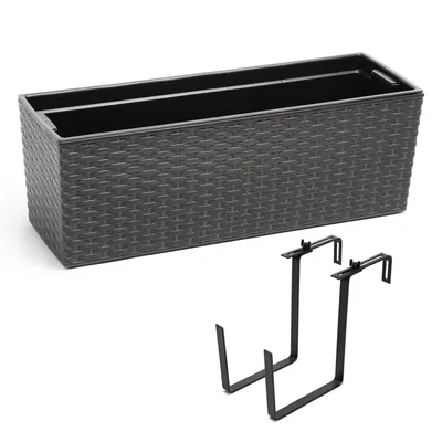 Produktbild von Balkonkasten Pflanzkasten Blumenkasten Wasserspeicher Rattan Metallisches Graphit Kunststoff Geländerkasten flexible Metallhalterung pulverbeschichtet 56 x 18,5 x 19,5 cm