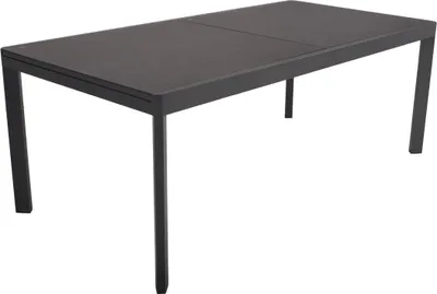 Garten Ausziehtisch NEREA mit grauer Keramik-Tischplatte und schwarzem Aluminium-Gestell in Gesamtansicht.