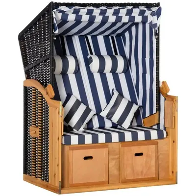 Produktbild von Strandkorb Aruba Blau-Weiß PE-Rattan B118xT79xH150 cm, verstellbar, mit Klapptischen und ausziehbaren Fußstützen