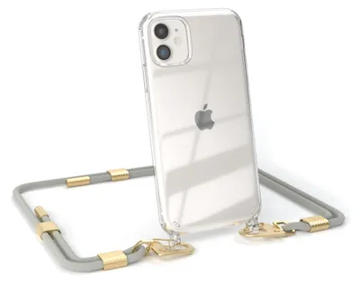 A transparent phone case with a gray lanyard and gold hardware is shown against a white background.