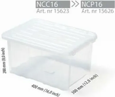 A clear, well-lit studio shot of a transparent plastic storage box with its dimensions labeled.