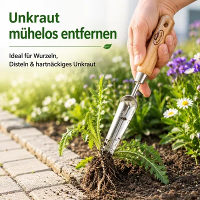 Produktbild von Unkrautstecher Edelstahl mit Holzgriff für leichtes Jäten