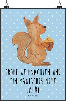 Produktbild von Mr. & Mrs. Panda Bild Eichhörnchen Weihnachten DIN A2 - Blau Pastell - Geschenk, Vogel, Wandbild, drucke, wanddeko, Plakat, Frohes Neues Jahr, Guten Rutsch, Neujahr