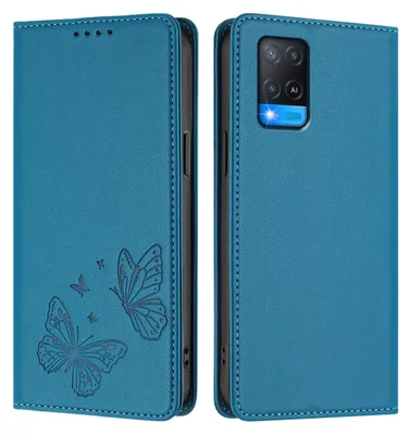 Image de Étui en cuir pour Oppo A54 4G/A54S/A55 5G/A16/A16S/A55s 5G/A53s 5G/A56 5G, motif papillon, étui portefeuille à rabat avec support, bleu