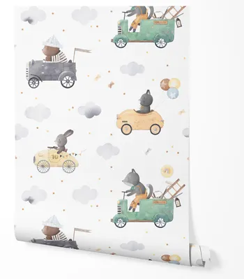 Zdjęcie produktu dla TAPETA NA ŚCIANĘ SAMOCHODY ZWIERZĘTA CHMURKI DZIECIĘCE DO POKOJU DZIECKA 5m x 0.5m