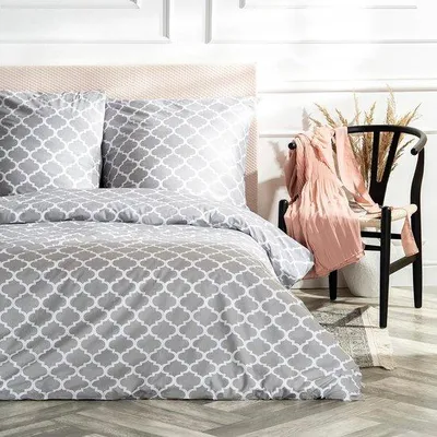 Zdjęcie produktu dla Komplet pościeli Famanu, 155 x 220 cm, 100% bawełna, z poszewką na poduszkę 80 x 80 cm, wysokiej jakości, z zamkiem błyskawicznym, w kolorach białym i szarym