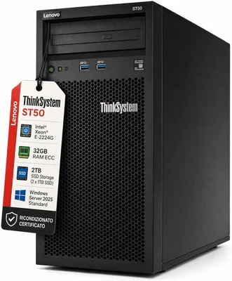 Immagine prodotto di Lenovo Server ThinkSystem ST50 - CPU Intel Xeon E-2224G, 32 GB di RAM ECC, 2 SSD da 1 TB, Win Server 2025 Standard ()