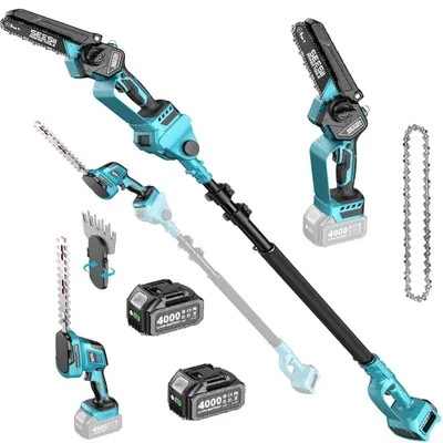 Image de Outil de jardin 6 en 1 : scie élagage électrique, manche télescopique de 2,4 m, taille-haie, coupe-buissons, désherbeur, 2 batteries de 4,0 Ah