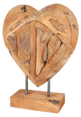 Image de BURI Teak Coeur Sculpture sur support massif - 30 cm Table Deko Figure en bois Présentoir de rebord de fenêtre Présentoir de décoration