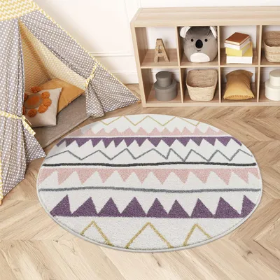 Produktbild von Kinderteppich - ZickZack-Motiv 160 cm Rund Creme Rosa - Kinderzimmer Teppich Modern Mädchen
