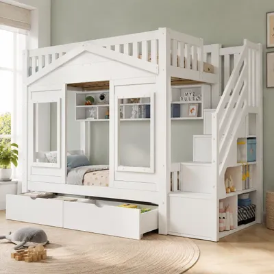 Produktbild von Flieks Etagenbett 90x200cm mit 2 Schubladen, Kinderbett Hausbett mit Ablagen, Hochbett Einzelbett mit Treppe und Lattenrost, Stockbett Holzbett Weiß