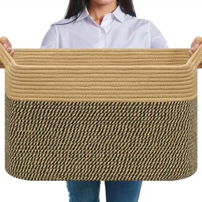Produktbild von Faltbarer Wäschekorb 63L Baumwolle Geflochten mit Henkel Jute & Schwarz