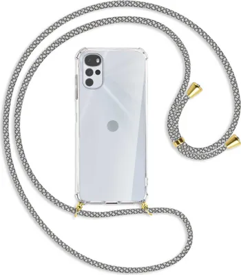 Produktbild von Handykette Backcover-Schutzhülle mit Band (Metall goldfarben) für Motorola Moto G22 4G - weiß/grau kariert